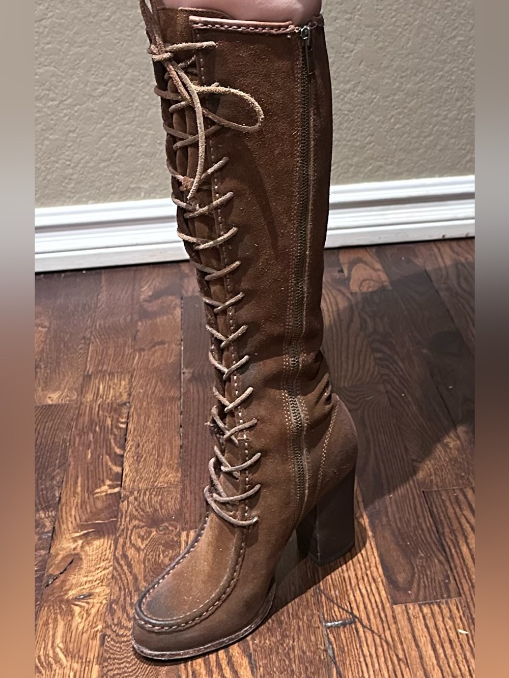 Frye Brown Suede Knee-High Lace-Up Block Heel Boots